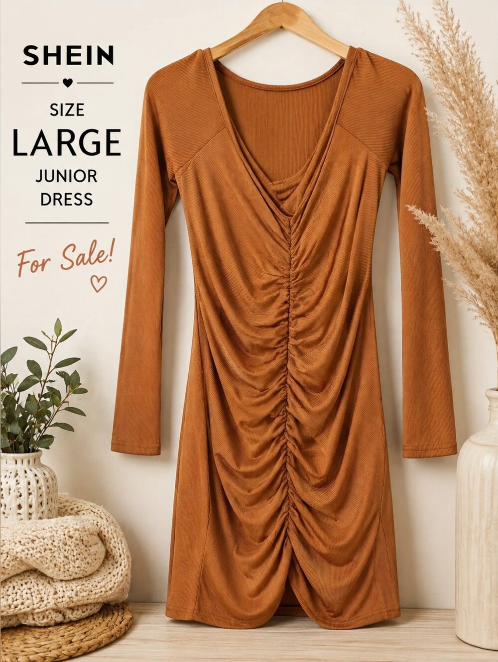 SHEIN Rust Brown Long-Sleeve Ruched V-Neck Mini Dress